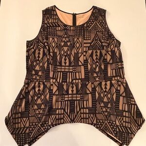 Lane Bryant Black and Brown Geometric Print Sharkbite Hem Blouse